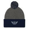 pom-pom-knit-cap-dark-heather-grey-navy-front-68b8ae07bf5da.jpg Grey Embroidered Logo Pom-Pom Beanie | Single-Layer