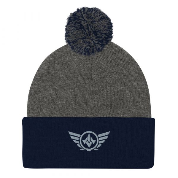 pom-pom-knit-cap-dark-heather-grey-navy-front-68b8ae07bf5da.jpg Grey Embroidered Logo Pom-Pom Beanie | Single-Layer