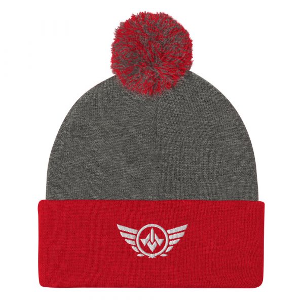 pom-pom-knit-cap-dark-heather-grey-red-front-68b8adabbbf29.jpg White Embroidered Logo Pom-Pom Beanie | Single-Layer