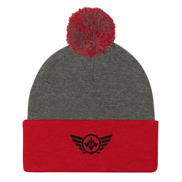 pom-pom-knit-cap-dark-heather-grey-red-front-68b8adec96d07.jpg Black Embroidered Logo Pom-Pom Beanie | Single-Layer