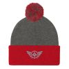 pom-pom-knit-cap-dark-heather-grey-red-front-68b8ae07bf566.jpg Grey Embroidered Logo Pom-Pom Beanie | Single-Layer