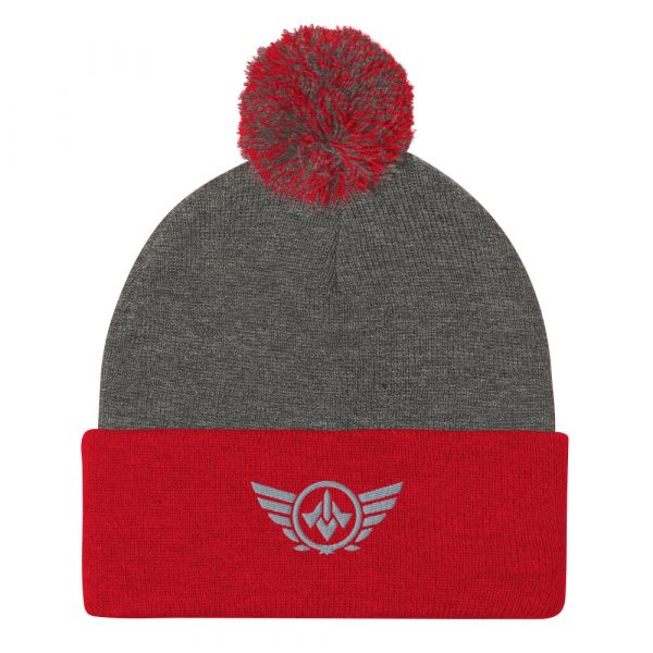 pom-pom-knit-cap-dark-heather-grey-red-front-68b8ae07bf566.jpg Grey Embroidered Logo Pom-Pom Beanie | Single-Layer