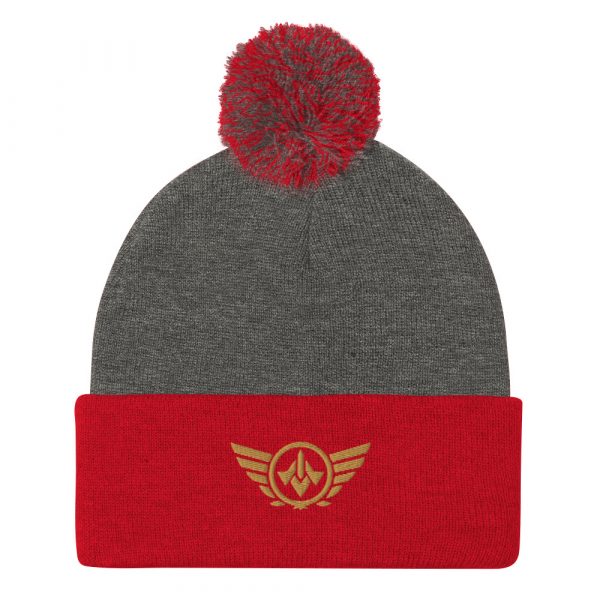 pom-pom-knit-cap-dark-heather-grey-red-front-68b8ae28763b4.jpg Old Gold Embroidered Logo Pom-Pom Beanie | Single-Layer