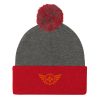 pom-pom-knit-cap-dark-heather-grey-red-front-68b8ae7a365f0.jpg Orange Embroidered Logo Pom-Pom Beanie | Single-Layer