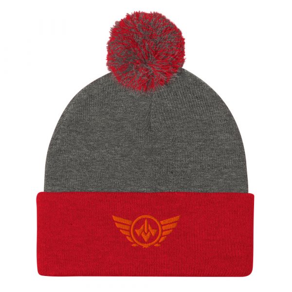 pom-pom-knit-cap-dark-heather-grey-red-front-68b8ae7a365f0.jpg Orange Embroidered Logo Pom-Pom Beanie | Single-Layer