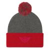 pom-pom-knit-cap-dark-heather-grey-red-front-68b8aea056e0a.jpg Flamingo Embroidered Logo Pom-Pom Beanie | Single-Layer