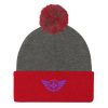 pom-pom-knit-cap-dark-heather-grey-red-front-68b8b1a701764.jpg Purple Embroidered Logo Pom-Pom Beanie | Single-Layer