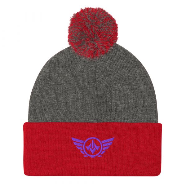 pom-pom-knit-cap-dark-heather-grey-red-front-68b8b1a701764.jpg Purple Embroidered Logo Pom-Pom Beanie | Single-Layer