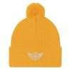 pom-pom-knit-cap-gold-front-68b8adabbc1fd.jpg White Embroidered Logo Pom-Pom Beanie | Single-Layer