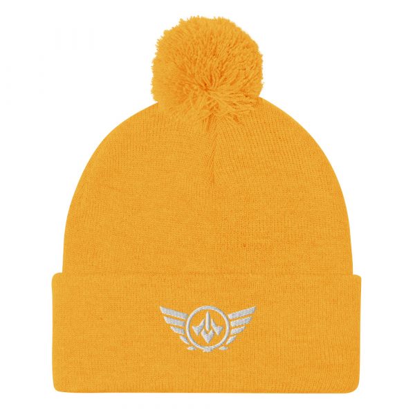 pom-pom-knit-cap-gold-front-68b8adabbc1fd.jpg White Embroidered Logo Pom-Pom Beanie | Single-Layer