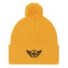 pom-pom-knit-cap-gold-front-68b8adec970bd.jpg Black Embroidered Logo Pom-Pom Beanie | Single-Layer