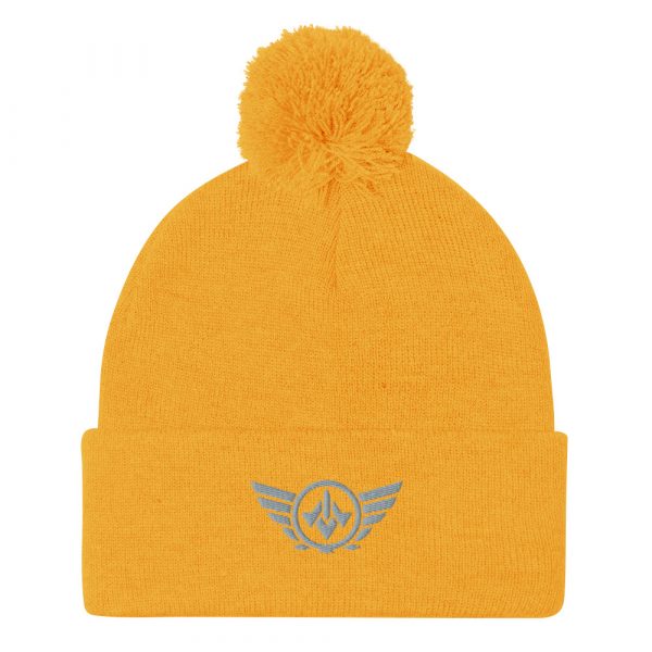 pom-pom-knit-cap-gold-front-68b8ae07bf79b.jpg Grey Embroidered Logo Pom-Pom Beanie | Single-Layer