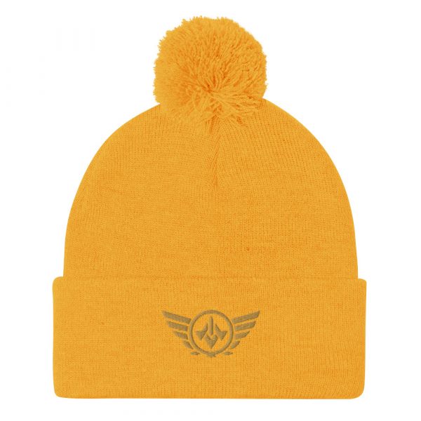 pom-pom-knit-cap-gold-front-68b8ae2876689.jpg Old Gold Embroidered Logo Pom-Pom Beanie | Single-Layer