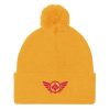 pom-pom-knit-cap-gold-front-68b8aea057380.jpg Flamingo Embroidered Logo Pom-Pom Beanie | Single-Layer