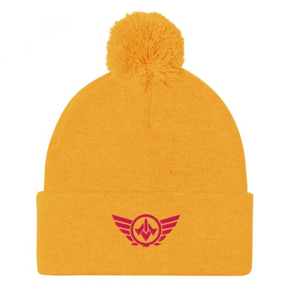 pom-pom-knit-cap-gold-front-68b8aea057380.jpg Flamingo Embroidered Logo Pom-Pom Beanie | Single-Layer