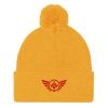 pom-pom-knit-cap-gold-front-68b8b06156f6a.jpg Red Embroidered Logo Pom-Pom Beanie | Single-Layer