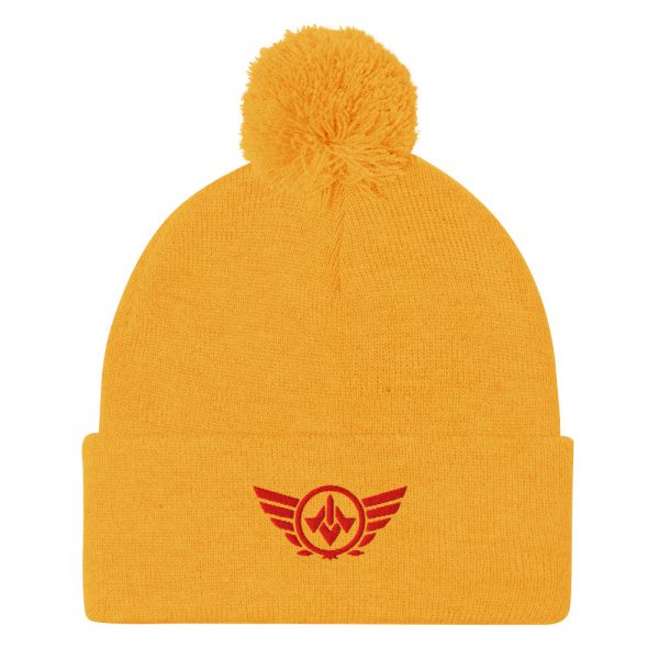 pom-pom-knit-cap-gold-front-68b8b06156f6a.jpg Red Embroidered Logo Pom-Pom Beanie | Single-Layer
