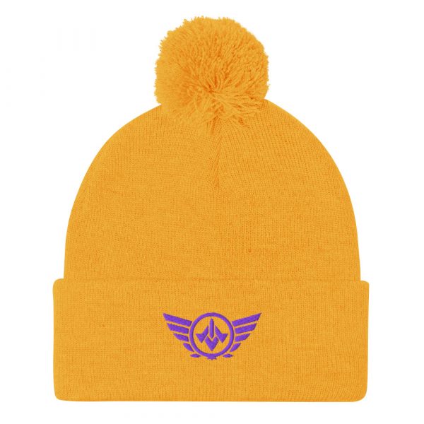 pom-pom-knit-cap-gold-front-68b8b1a701a37.jpg Purple Embroidered Logo Pom-Pom Beanie | Single-Layer