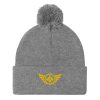 Gold Embroidered Logo Pom-Pom Beanie | Single-Layer