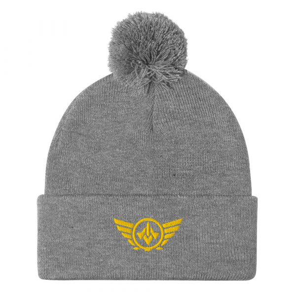 Gold Embroidered Logo Pom-Pom Beanie | Single-Layer
