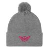 pom-pom-knit-cap-heather-grey-front-68b8aea0572a1.jpg Flamingo Embroidered Logo Pom-Pom Beanie | Single-Layer