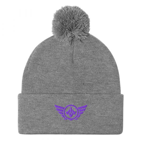 pom-pom-knit-cap-heather-grey-front-68b8b1a7019c7.jpg Purple Embroidered Logo Pom-Pom Beanie | Single-Layer