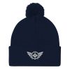 pom-pom-knit-cap-navy-front-68b8adabbbd91.jpg White Embroidered Logo Pom-Pom Beanie | Single-Layer