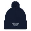 pom-pom-knit-cap-navy-front-68b8ae07bf45b.jpg Grey Embroidered Logo Pom-Pom Beanie | Single-Layer
