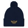 pom-pom-knit-cap-navy-front-68b8ae2876212.jpg Old Gold Embroidered Logo Pom-Pom Beanie | Single-Layer