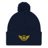 Gold Embroidered Logo Pom-Pom Beanie | Single-Layer