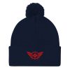 pom-pom-knit-cap-navy-front-68b8b06156c26.jpg Red Embroidered Logo Pom-Pom Beanie | Single-Layer