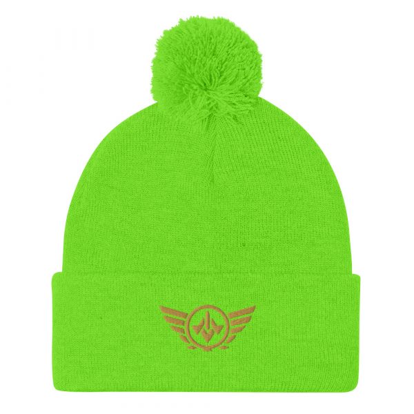 pom-pom-knit-cap-neon-green-front-68b8ae28766f9.jpg Old Gold Embroidered Logo Pom-Pom Beanie | Single-Layer