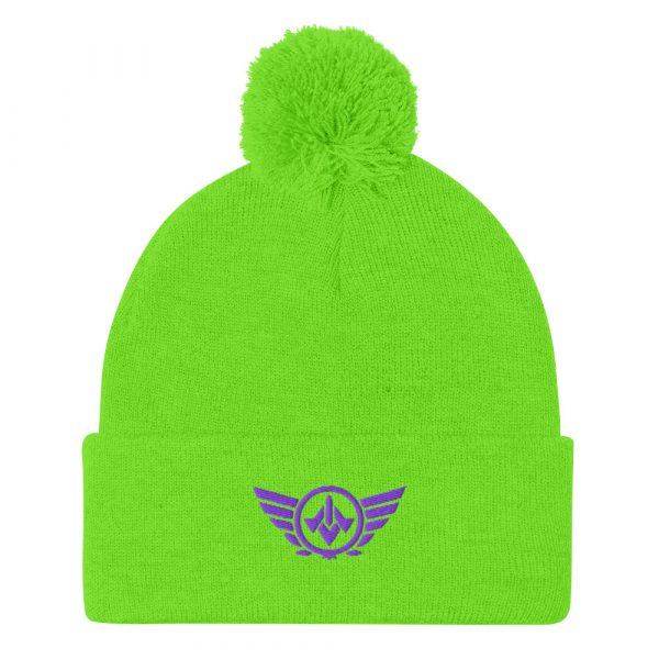 pom-pom-knit-cap-neon-green-front-68b8b1a701aae.jpg Purple Embroidered Logo Pom-Pom Beanie | Single-Layer