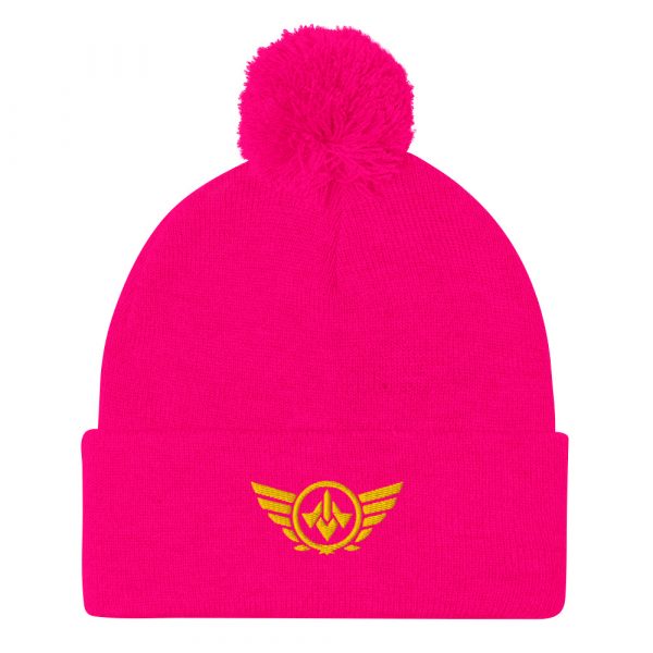Gold Embroidered Logo Pom-Pom Beanie | Single-Layer