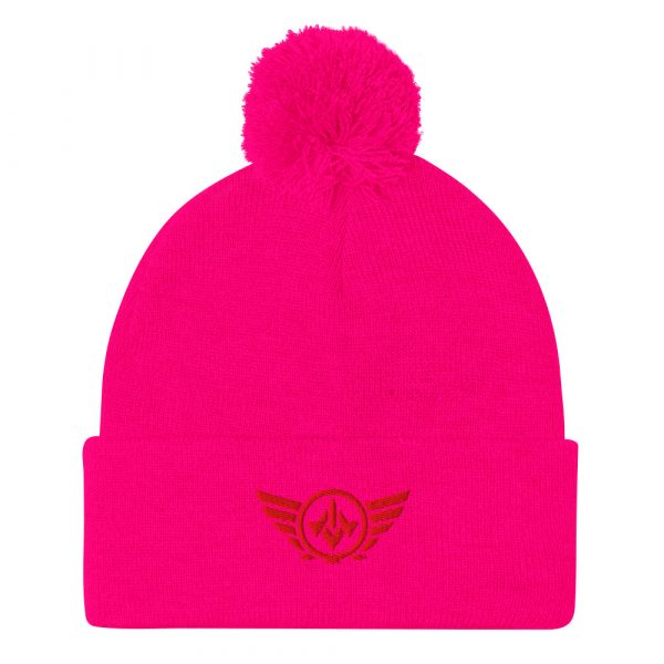 pom-pom-knit-cap-neon-pink-front-68b8b06156e92.jpg Red Embroidered Logo Pom-Pom Beanie | Single-Layer
