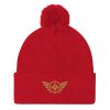 pom-pom-knit-cap-red-front-68b8ae287633c.jpg Old Gold Embroidered Logo Pom-Pom Beanie | Single-Layer