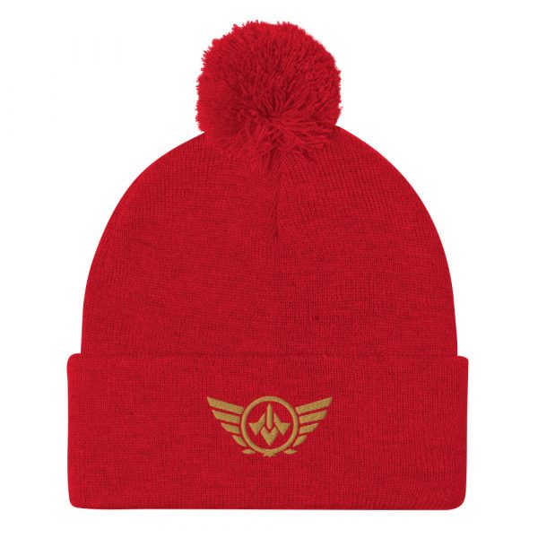 pom-pom-knit-cap-red-front-68b8ae287633c.jpg Old Gold Embroidered Logo Pom-Pom Beanie | Single-Layer