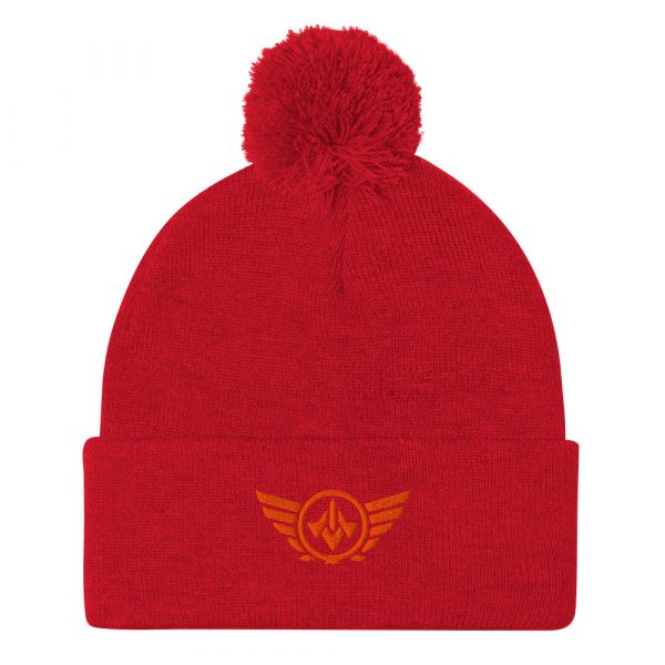 pom-pom-knit-cap-red-front-68b8ae7a36578.jpg Orange Embroidered Logo Pom-Pom Beanie | Single-Layer