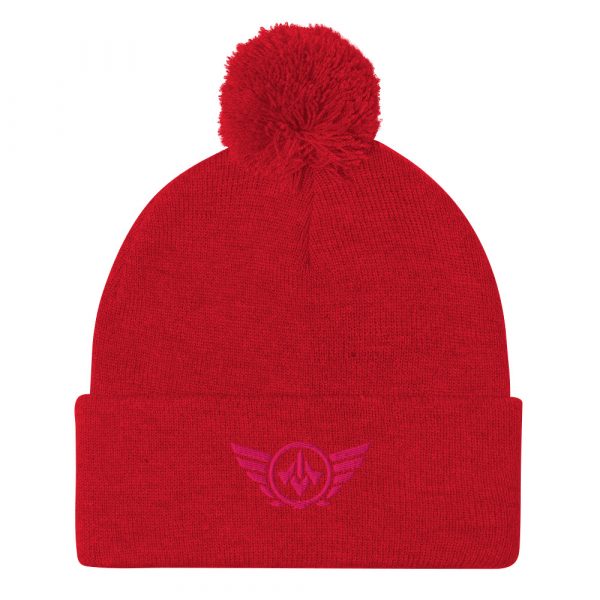 pom-pom-knit-cap-red-front-68b8aea056d2e.jpg Flamingo Embroidered Logo Pom-Pom Beanie | Single-Layer