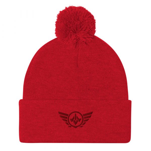 pom-pom-knit-cap-red-front-68b8b07ecef93.jpg Maroon Embroidered Logo Pom-Pom Beanie | Single-Layer