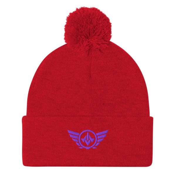 pom-pom-knit-cap-red-front-68b8b1a7016ea.jpg Purple Embroidered Logo Pom-Pom Beanie | Single-Layer