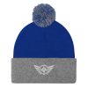 pom-pom-knit-cap-royal-heather-grey-front-68b8adabbbe30.jpg White Embroidered Logo Pom-Pom Beanie | Single-Layer