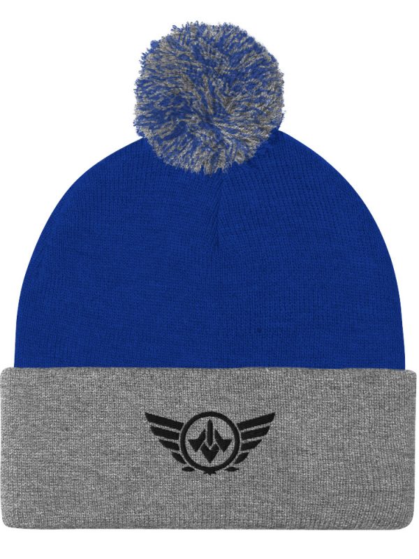 Black Embroidered Logo Pom-Pom Beanie | Single-Layer