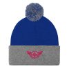 pom-pom-knit-cap-royal-heather-grey-front-68b8aea056c4e.jpg Flamingo Embroidered Logo Pom-Pom Beanie | Single-Layer