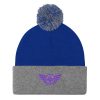 pom-pom-knit-cap-royal-heather-grey-front-68b8b1a701665.jpg Purple Embroidered Logo Pom-Pom Beanie | Single-Layer