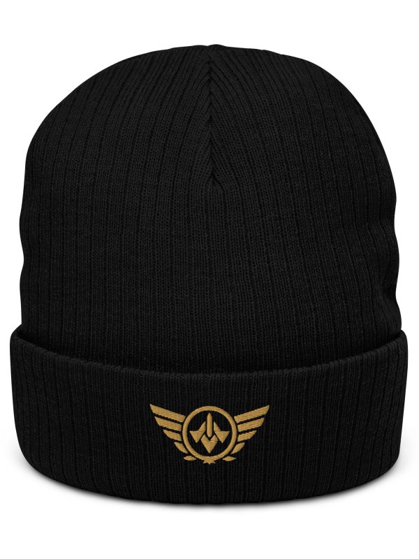 ribbed-knit-beanie-black-front-68b8e560d1c47.jpg Old Gold Embroidered Logo Beanie | Ribbed