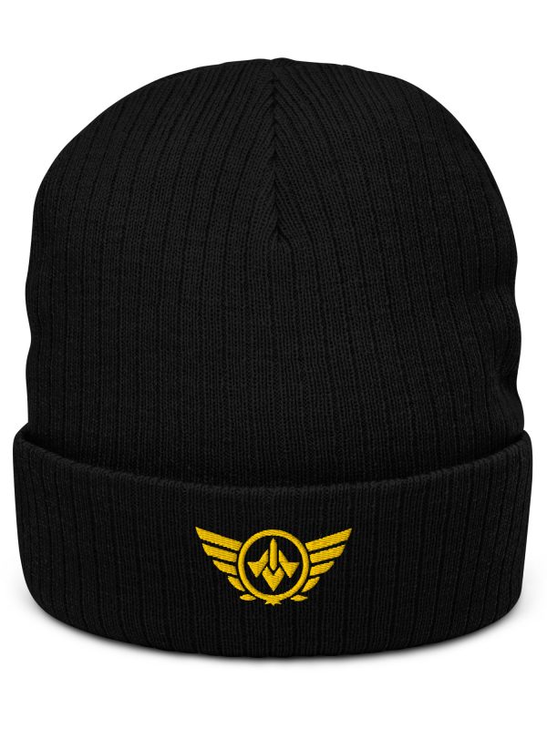 ribbed-knit-beanie-black-front-68b8e58cb06db.jpg Gold Embroidered Logo Beanie | Ribbed