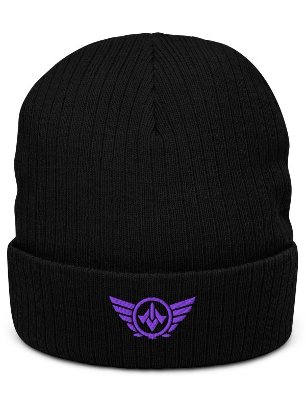 ribbed-knit-beanie-black-front-68b8e809b9df2.jpg Purple Embroidered Logo Beanie | Ribbed