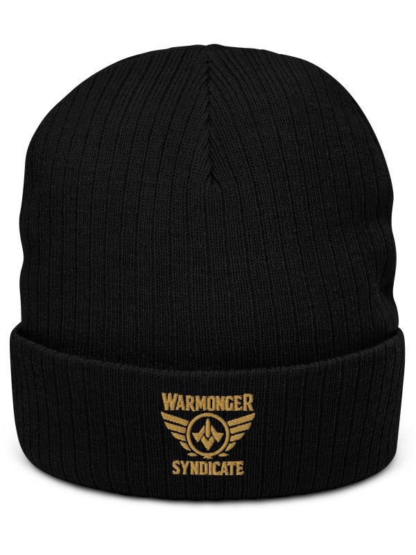 ribbed-knit-beanie-black-front-68b8f39a767dd.jpg Old Gold Embroidered Brand Logo Beanie | Ribbed