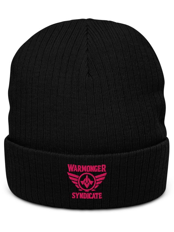ribbed-knit-beanie-black-front-68b8f41524425.jpg Flamingo Embroidered Brand Logo Beanie | Ribbed